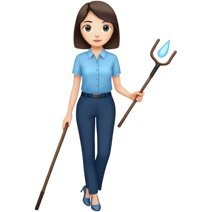 female smart light blue blouse, dark trousers, shoes. one hand holding a stick emoji