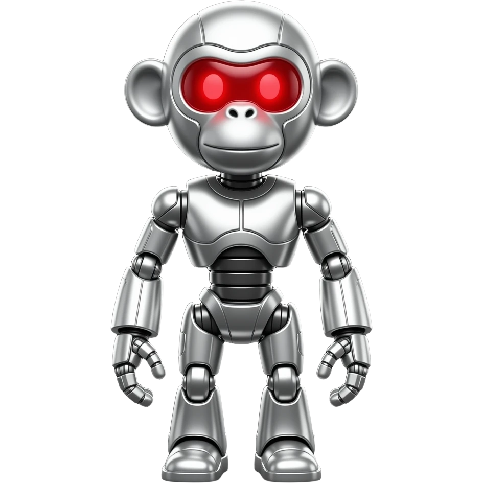 Silver robotis monkey, red ice , black background, high contrast, mostly monochrome, minimalist futuristic design, metallic texture, smooth surface, smooth texture with soft neon hues, smooth, futuristic, minimalist emoji