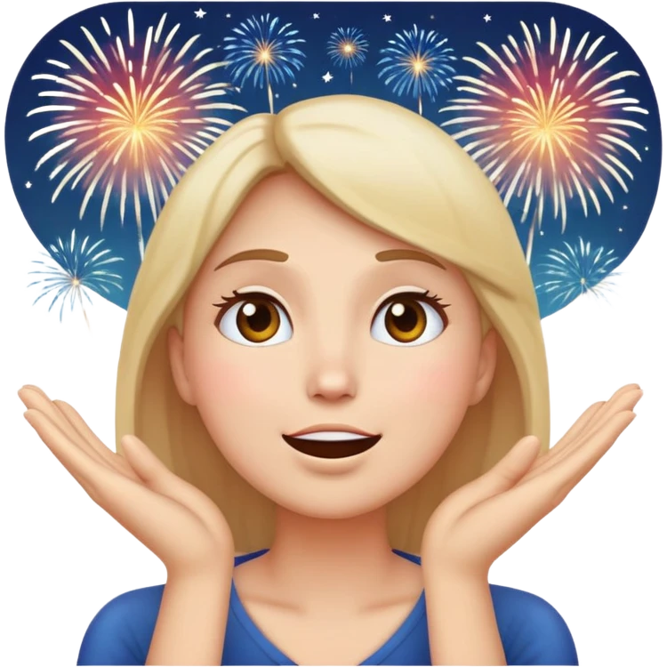 classic emoji style face with hands on cheeks, looking up at fireworks emoji