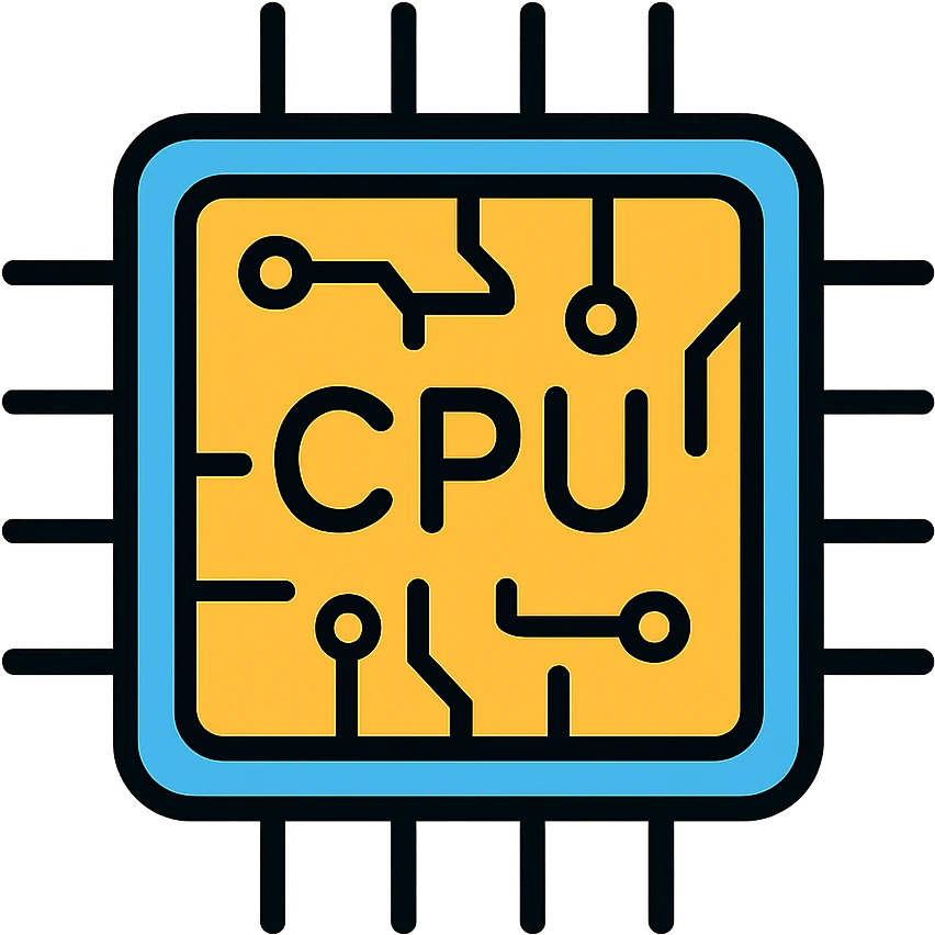 Central Processing Unit (CPU) microchip with detailed circuit patterns and technology elements. A modern processor chip icon with the text 'CPU' emoji