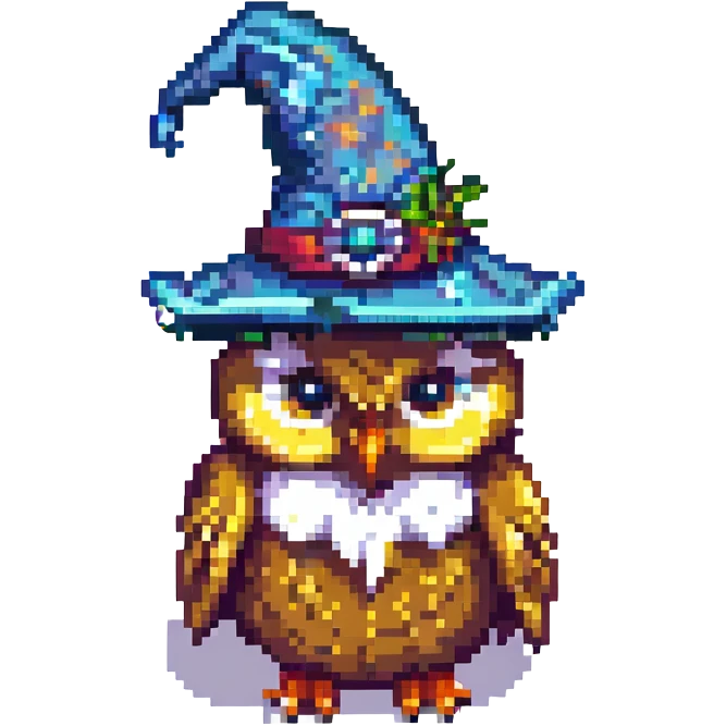 pixel art owl with a wizard hat emoji