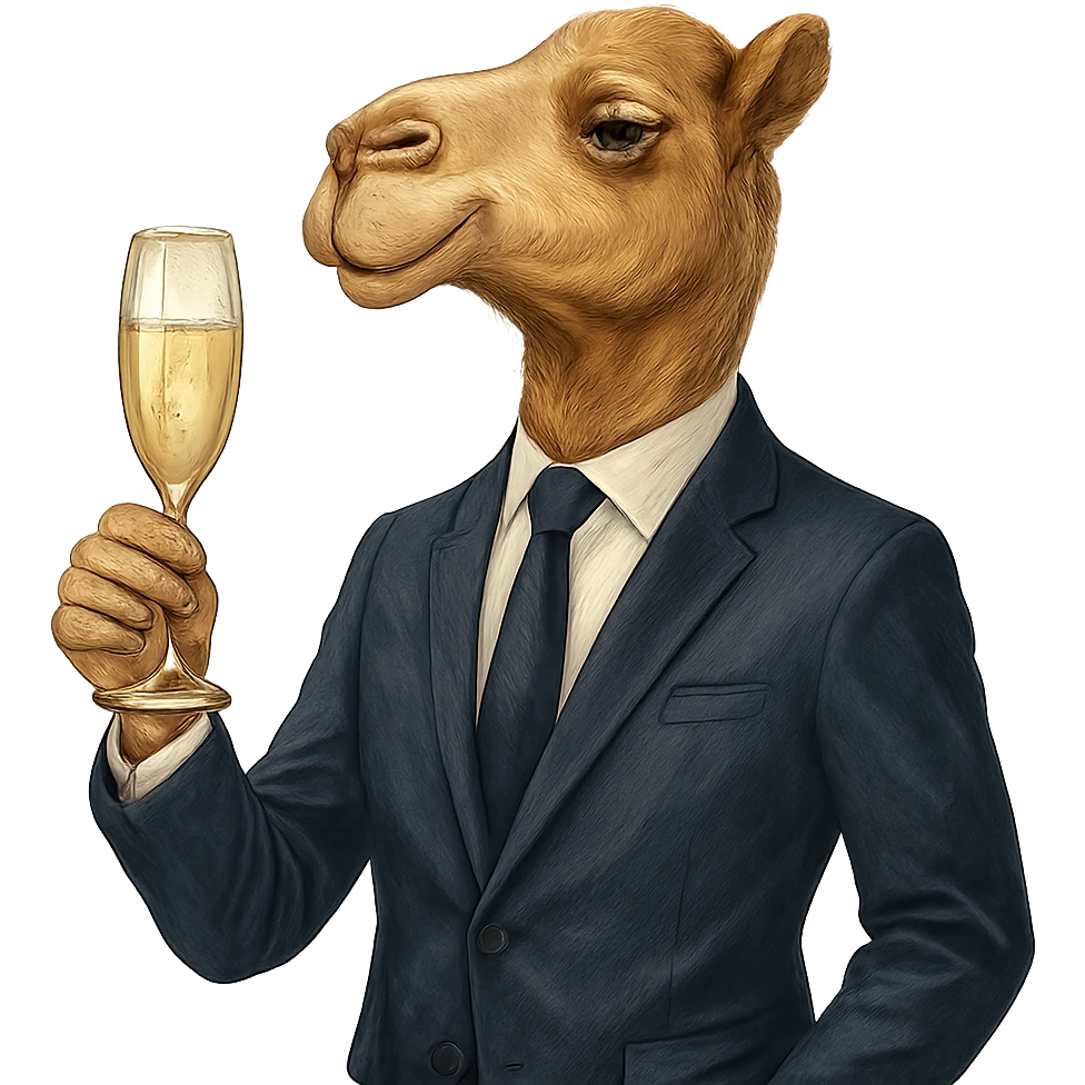 a camel wearing a business suit, drinking champagne, sophisticated and fun, elegant and playful emoji