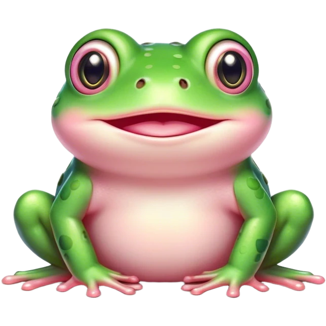 A cute, round green frog with big shiny eyes, pink blushing cheeks, and a small, happy smile. The frog has a soft, cartoonish style with pastel colors and a cozy, friendly appearance emoji