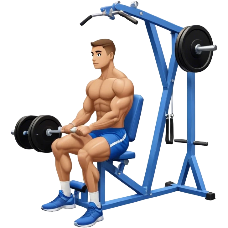 side-view bodybuilder in blue shorts seated weighted calf-raise machine on his tip toes emoji