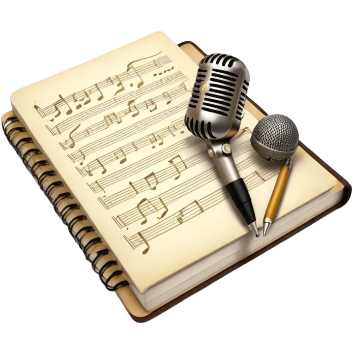 Create an emoji representing songwriting. The design should feature an open notebook or sheet music with visible lyrics between the musical notes, symbolizing the process of writing song lyrics. The text between the notes should be clearly visible. A pen or pencil should be placed near the notebook, indicating active writing. Optionally, include a single vintage microphone lying beside the notebook (not on the music notes) to add a creative touch. Use a harmonious color palette with warm and neutral tones. Do not include any emojis or smiley faces. Make the background transparent. emoji