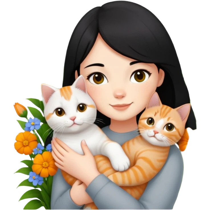 A black-haired girl happily holds a Ginger British Shorthair Cat in the flowers emoji