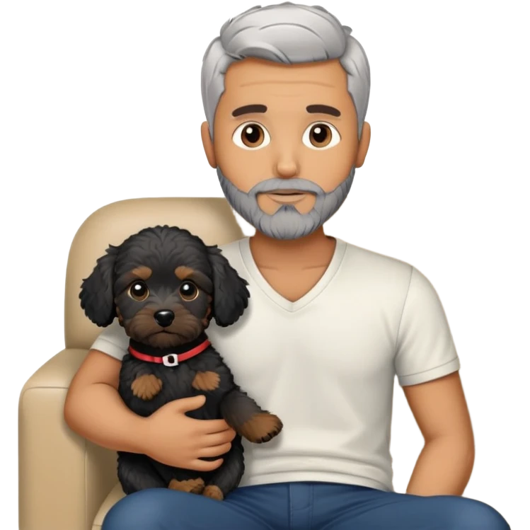 34 year old man with short straight grey hair and beard with A black cavapoo puppy with a white chest on the sofa emoji