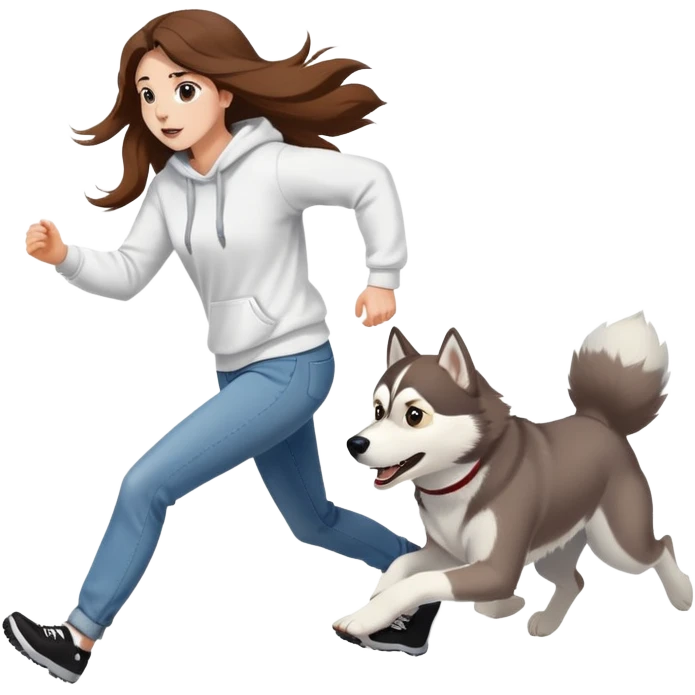 The husky is running in front, and a beautiful girl with long hair wearing a white sweatshirt and jeans is chasing behind. emoji