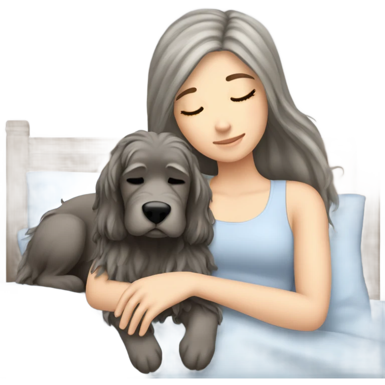 White girl brown long hair sleeping with a grey schanuzer  emoji