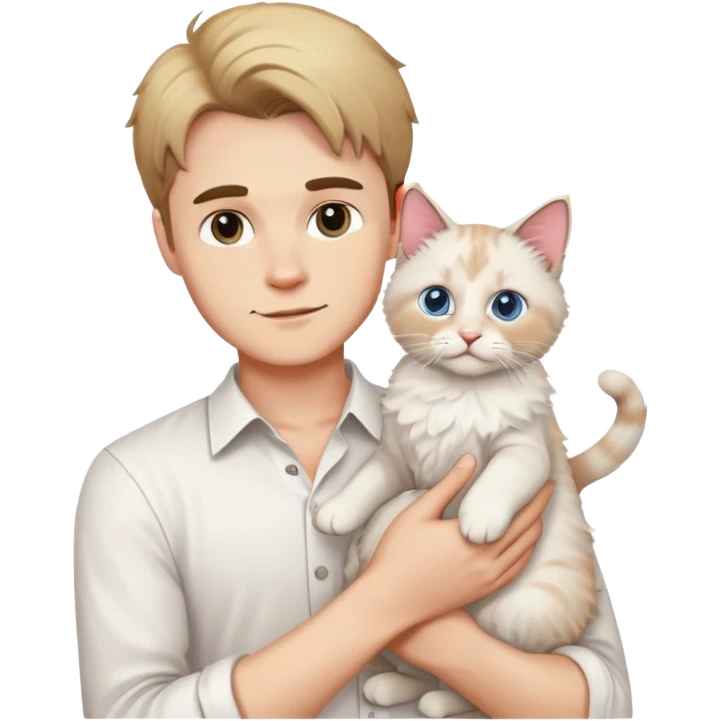 A young handsome Caucasian man in a white shirt holding a ragdoll cat emoji