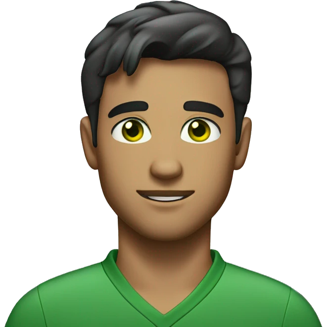 Man 21 years old, with trimmed beard, green eyes, short dark hair, dressed in a polo shirt emoji