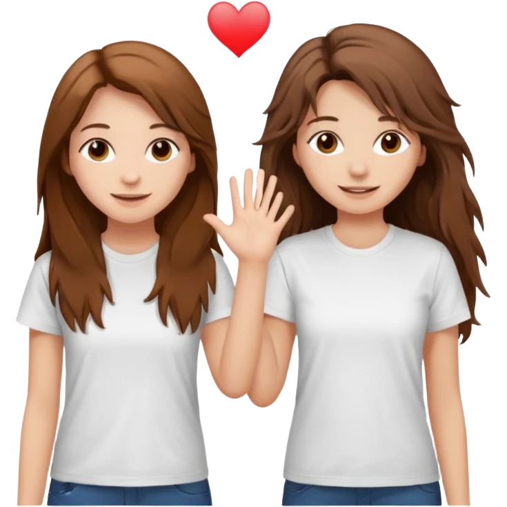 clean girl say hi to each other, she have a long brown hair a little messy and wearing white t-shirt emoji