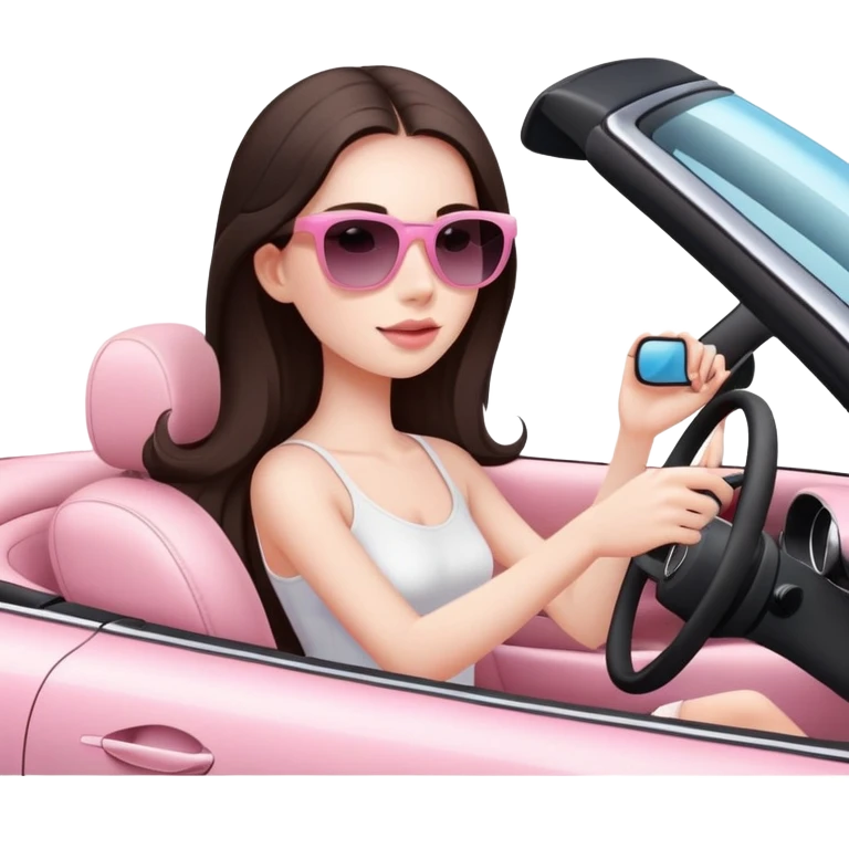 Pretty girl with very long dark brown hair and pale skin wearing sunglasses driving convertible car with light pink interior. She is wearing a white top. In the style of apple emoji emoji