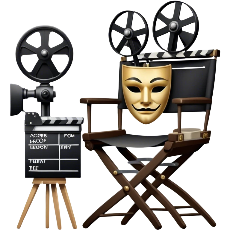 Icon for Acting: a theatrical mask, stage lights, a director’s chair, a script, a movie camera and a clapperboard, representing the craft of acting in theater and film. Famous actor-star. The design should reflect creativity, performance, and storytelling. Transparent background. emoji