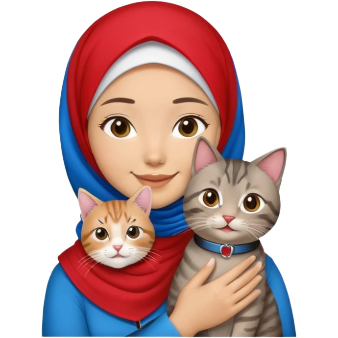 Asian White girl wearing red hijab holding a black grey tabby cat while smiling. The cat is wearing blue collar emoji