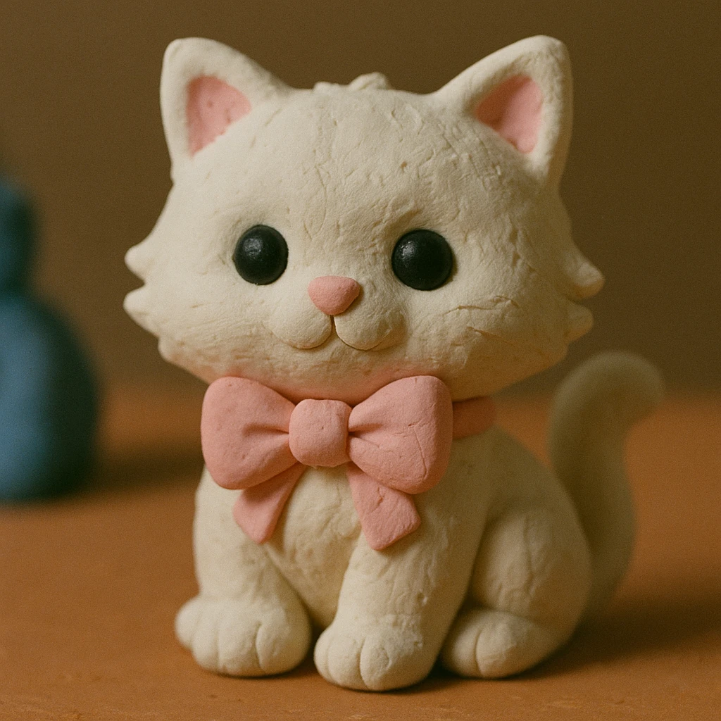 cute fluffy white kitten with a light pink bow, claymation style emoji