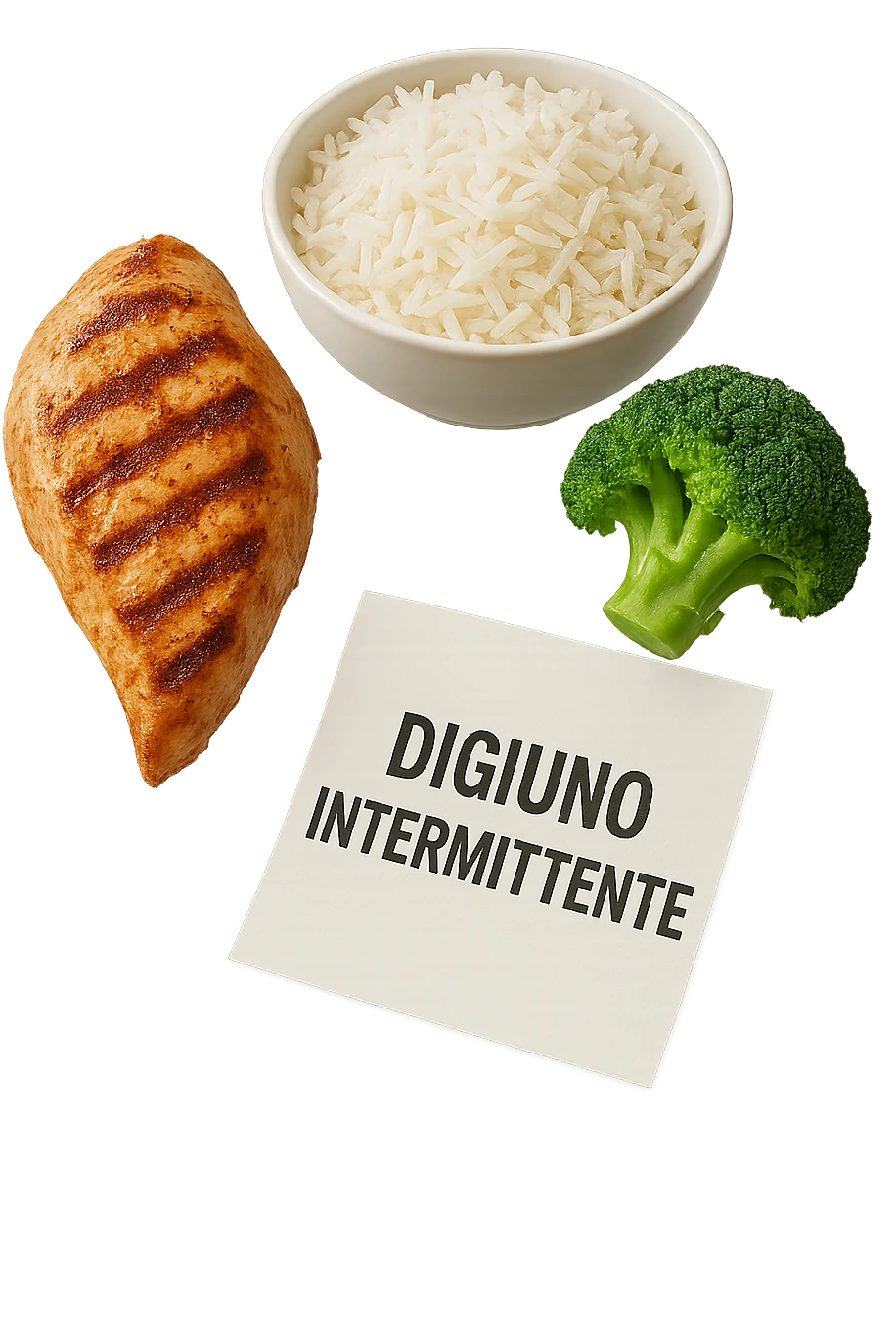 petto di pollo grigliato, bowl di riso basmati e broccoletti fluttuano in aria insieme ad un foglio con la scritta "DIGIUNO INTERMITTENTE", iperrealistico 4k emoji