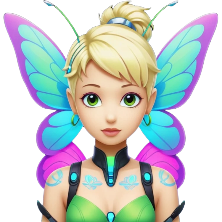 Isolated, 3D rendering, Tinkerbell cyberpunk futuristic style, ultra detailed vibrant colored wings, a one piece cyberpunk neon color outfit, playing with a detailed butterfly emoji