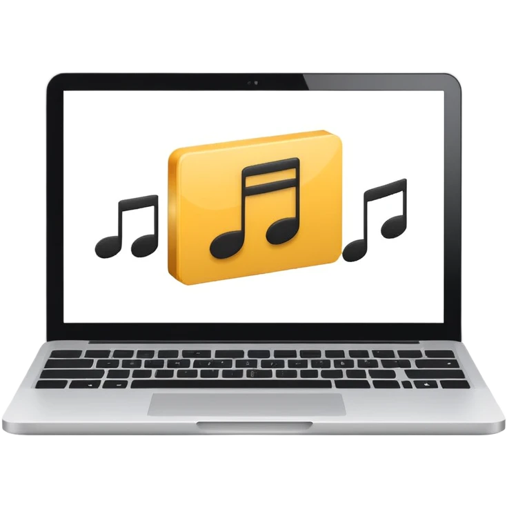 laptop screen showing a play button and notes emoji