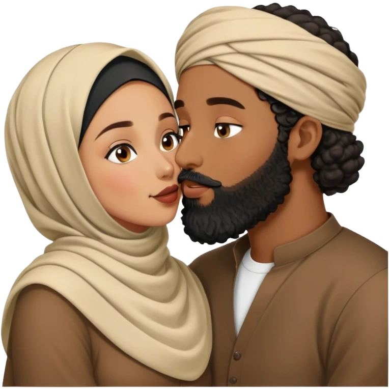 a hijabi brown girl kissing her husband with hes pale and black beard curly head emoji