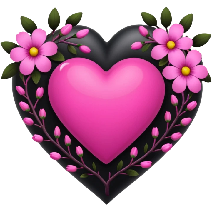 a black heart around which are branches with dark pink flowers emoji