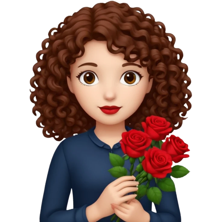 A girl with curly hair and res flowers in her hands emoji