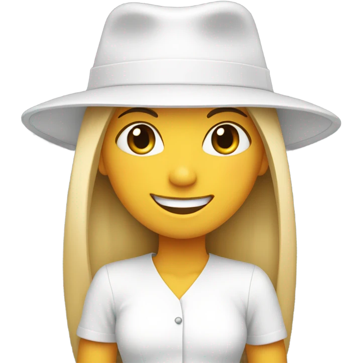 smiling girl in hat portrait white out fit straight hair closed smile emoji