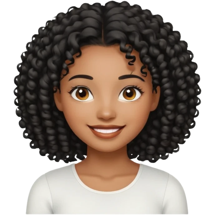 a young woman.She has voluminous, curly black hair that frames her face beautifully. Her skin tone is black light and glowing, and she has a subtle, natural makeup look. She’s smiling softly at the camera. She is wearing a white top emoji