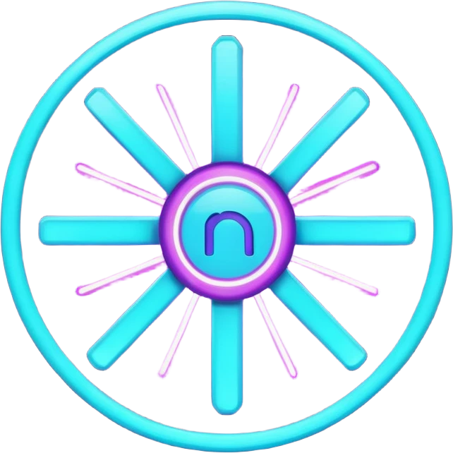 futuristic minimalistic emoji icon, letters "N" formed by three glowing digital lines representing Storm, Atom and NoizeGames, neon purple (#8B5CF6) and cyan (#00E0FF) on dark background, modern tech style, 1:1 aspect ratio emoji