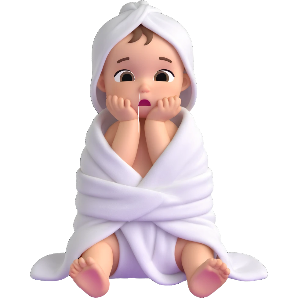 baby wrapped in a towel, crying, looking away from the shower emoji