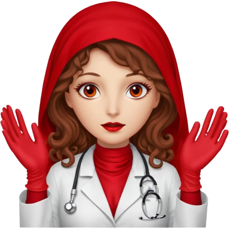 Lilith scalpel in hand, evil surgeon sexy surgeon clothes.  She has red eyes. She brown long curly hair. Wears sexy doctor outfit with red gloves. Wears red burka to hide her mouth and nose emoji