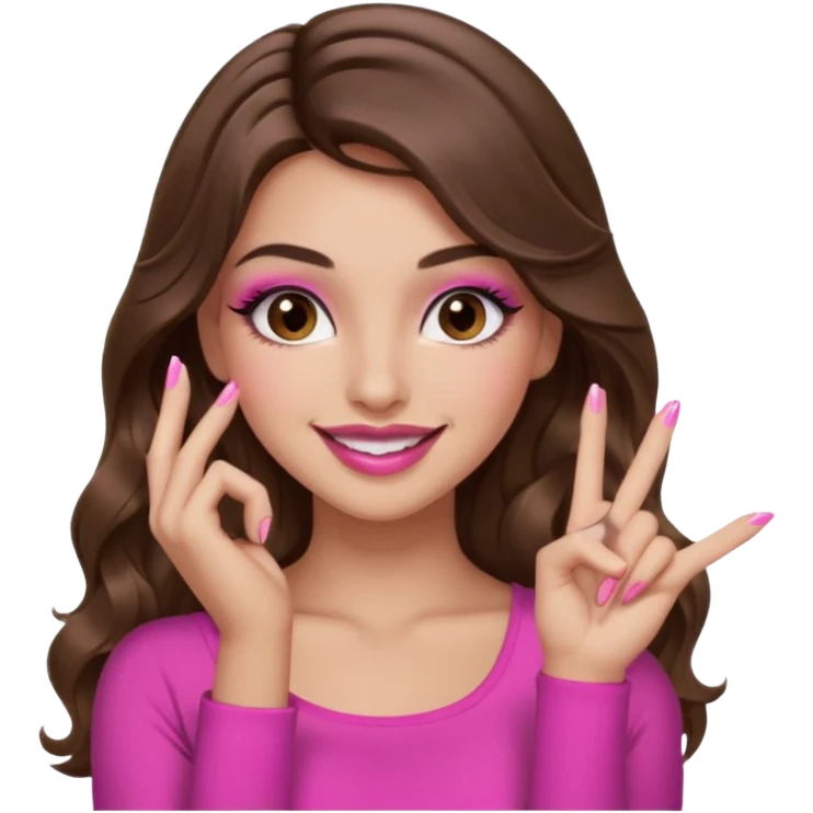 girl with long wavy brown hair, brown eyes, long lashes makeup, sexy pink lips, light to medium complexion, pink sexy top, smiling, hand by the cheek snapping fingers emoji