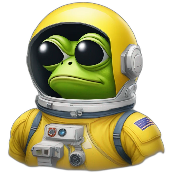 yellow pepe frog with astronout suite and M logo on the chest emoji