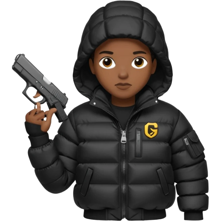 african american wearing a black puffer jacket with the hood on and holding a glock 26 emoji