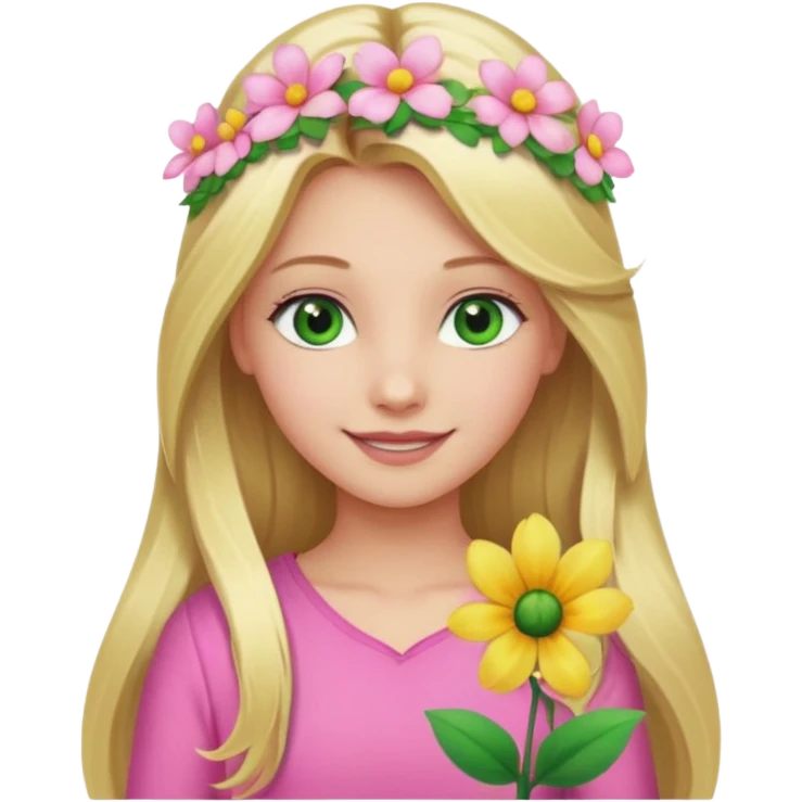 Girl profile picture with long blonde hair and green eyes and a flower in her hair. and a pink outfit emoji