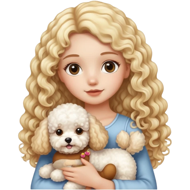 A girl with long blond curly hair holding a bichon frise and a teddy dog emoji