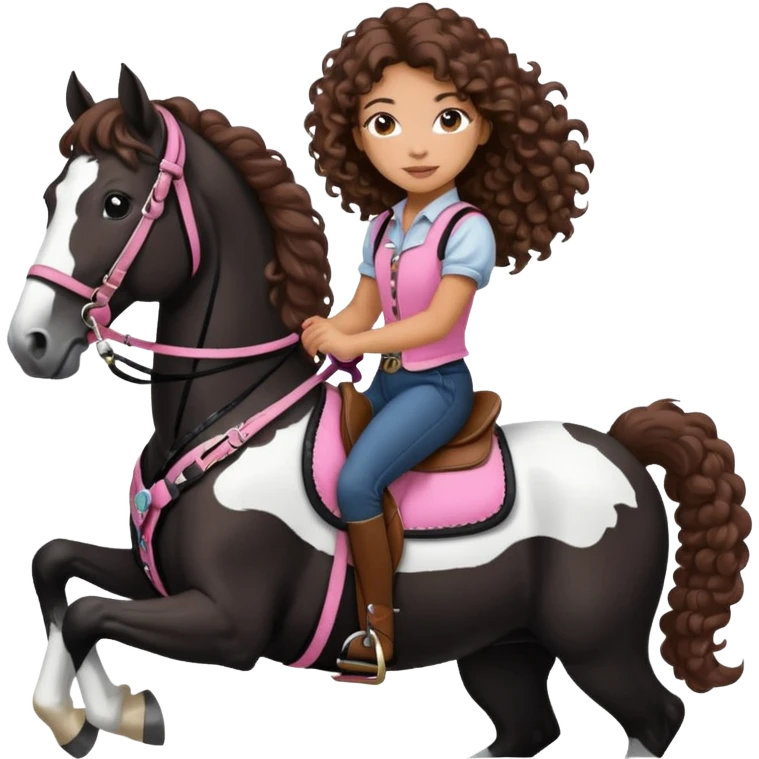 Realistic mixed race girl with long curly hair, riding a big black and white draft horse, wearing pink harness and saddle  emoji
