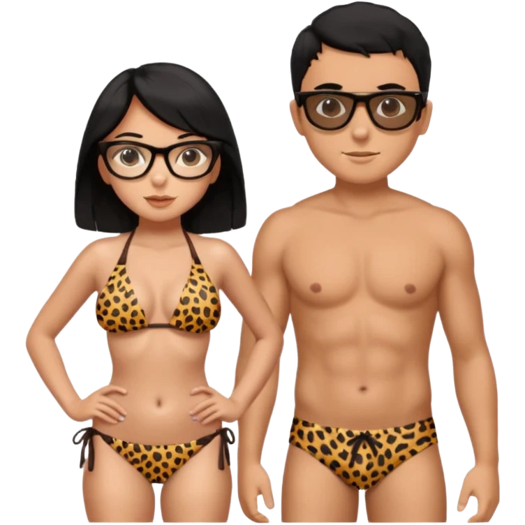 black haired girl with big boobs with shades on... wearing a cheetah print bikini standing with a boy with black hair wearing glasses and shirt less emoji