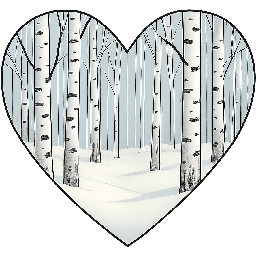 heart with a snowy birch forest, clean digital illustration emoji