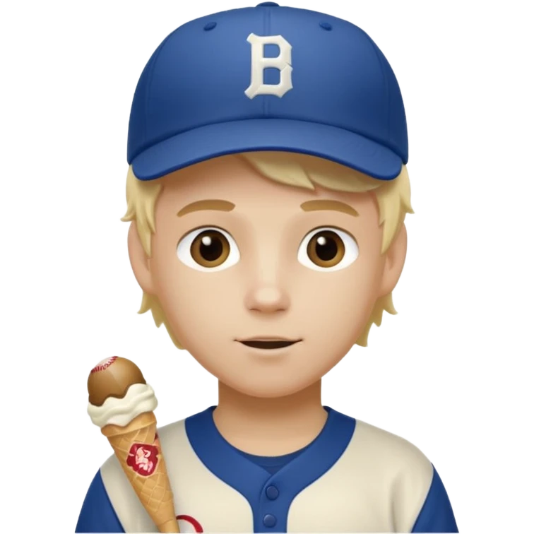 Make a white boy with blond ice cream hair and visors in a baseball jersey and a baseball hat emoji