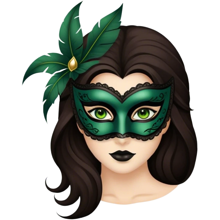 Greeneyed Woman with Long Dark brown hair wearing Black venetian mask emoji