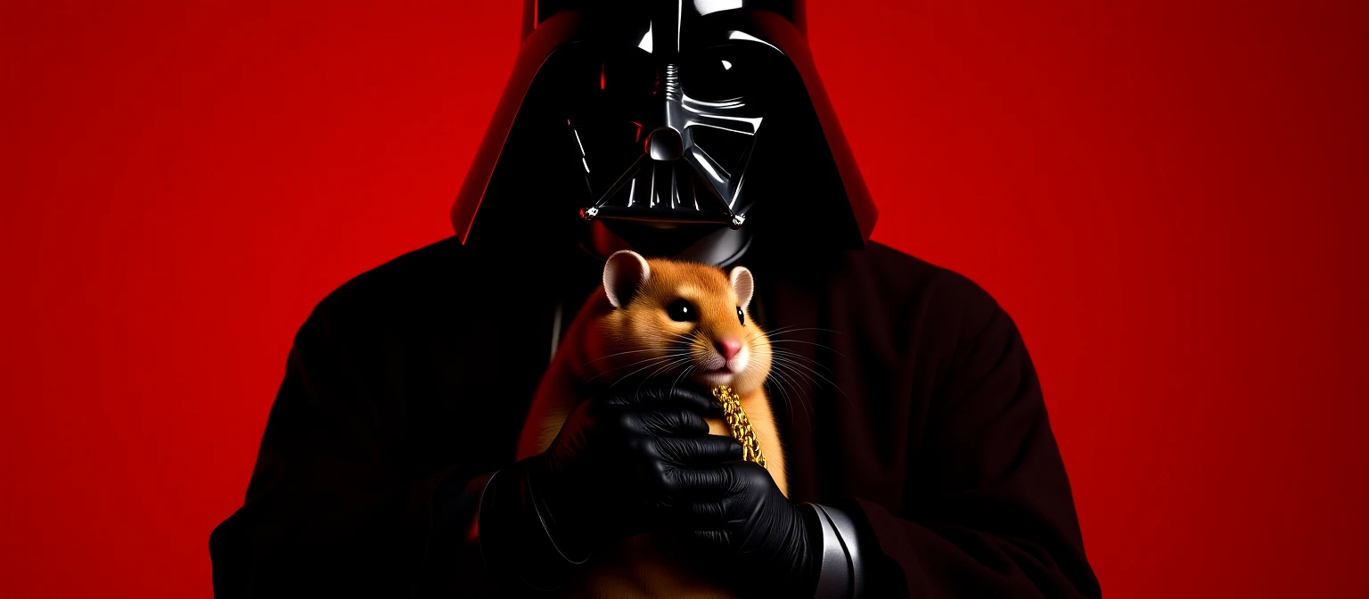 Extreme Closeup Photo of a darth vader holding big hamster with golden chain, low key light, red solid background with leading lines, back light, spot light emoji