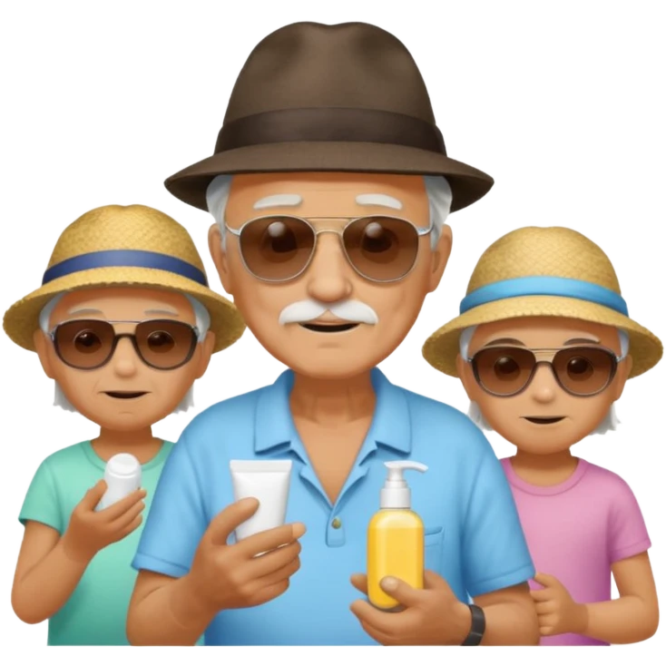 Old man on island with lotion and kids emoji
