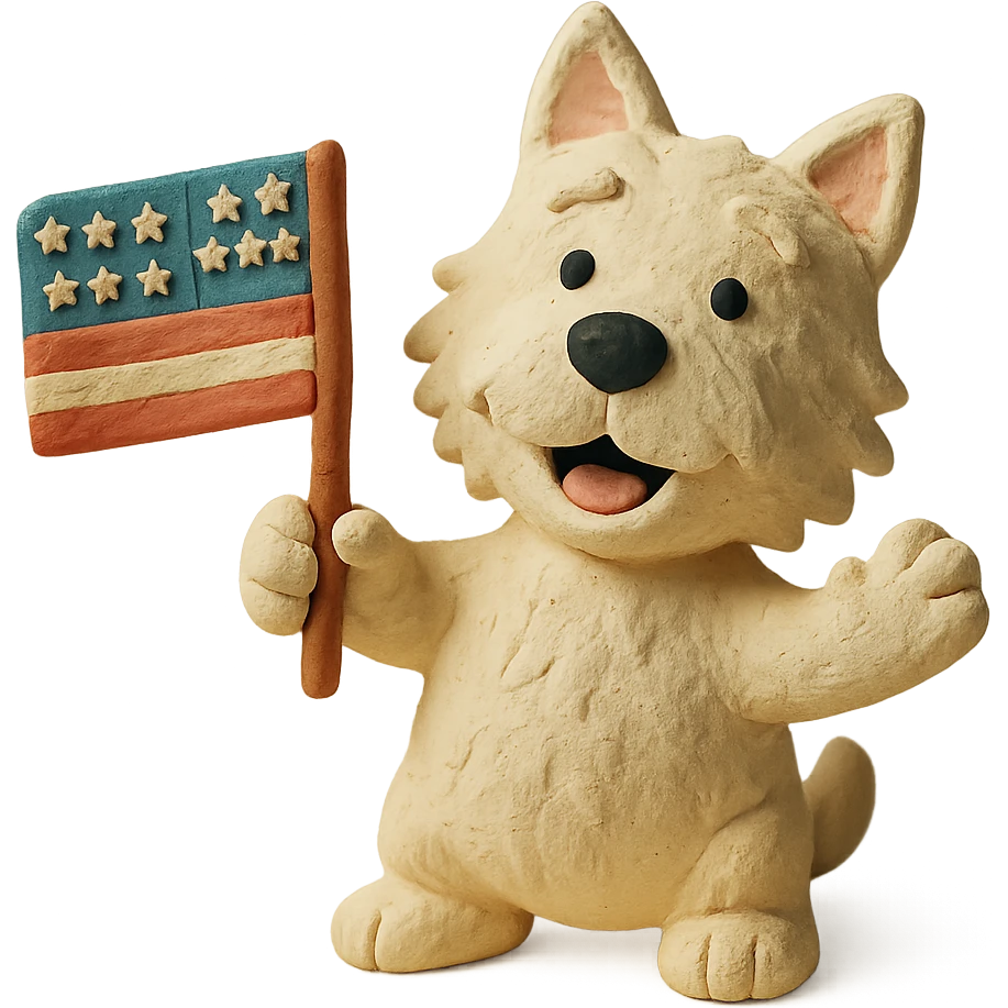 happy Westie dog waving a small US flag, claymation style emoji