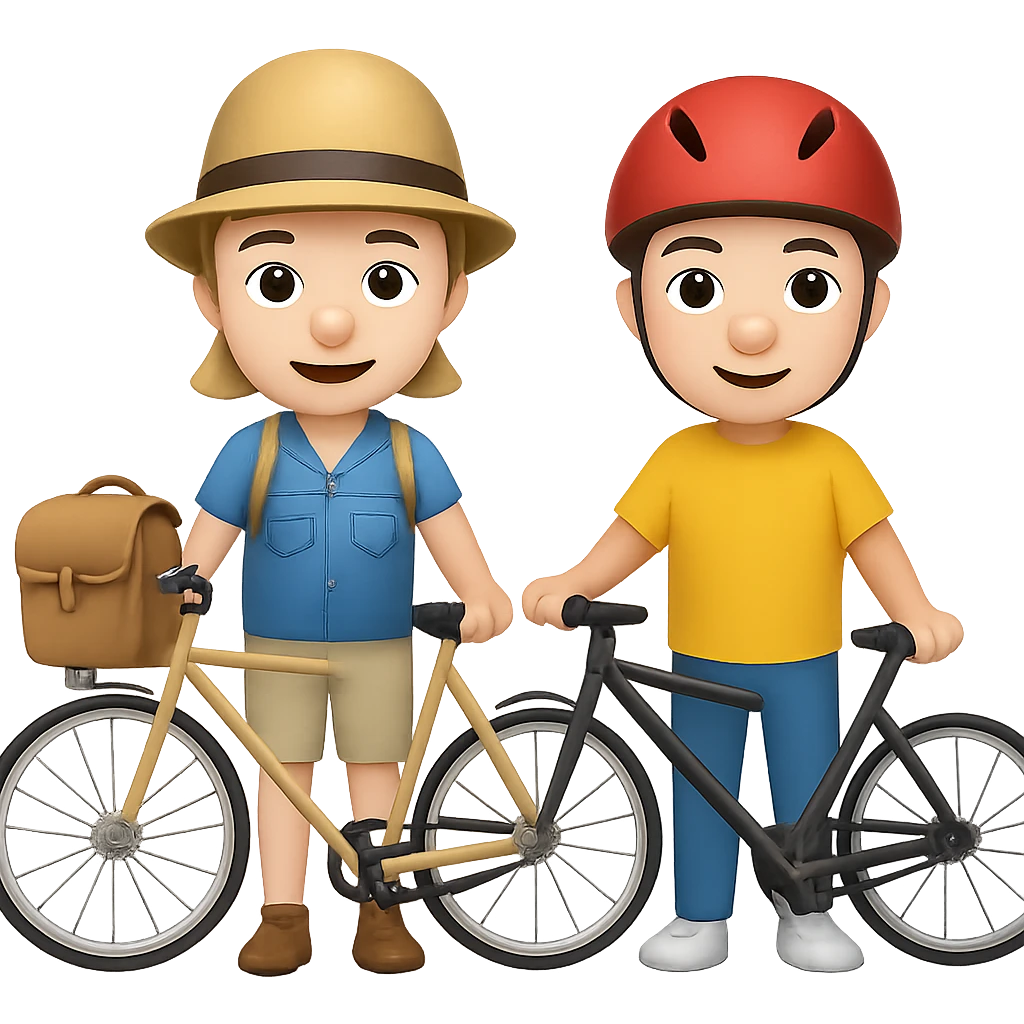 Add another biker next to the tourist in the style of emoji (apple style emojis). Keep the emoji style and no background. emoji