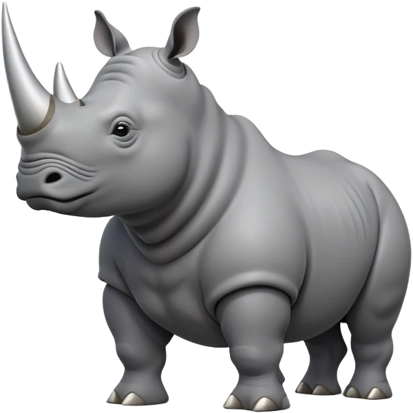 cinematic-rhino-full-body-standing-emoji,slate grey skin -massive-body-poised-powerfully,-thick-horn-curving-slightly-forward,-head-tilted-dramatically,-rough-grey-hide-covered-in-dust,-simplified-focused-features, emoji