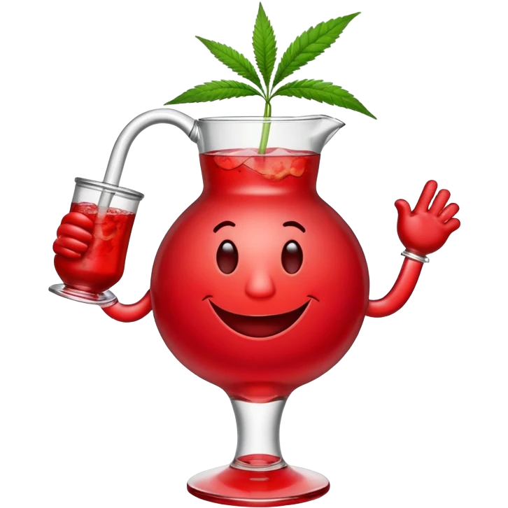 Kool-Aid Man pitcher character with legs and arms holding a bong with a cannabis leaf emoji
