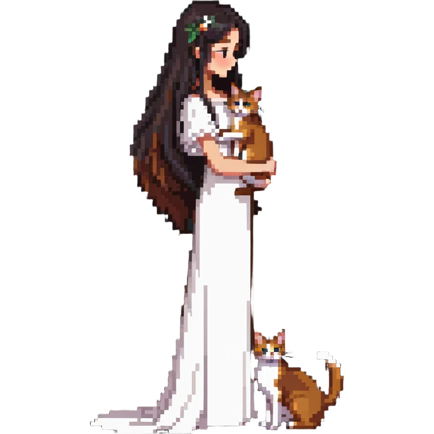 beautiful girl with long black hair wearing a white dress holding an Abyssinian cat with reddish-brown fur in her arms, side view emoji