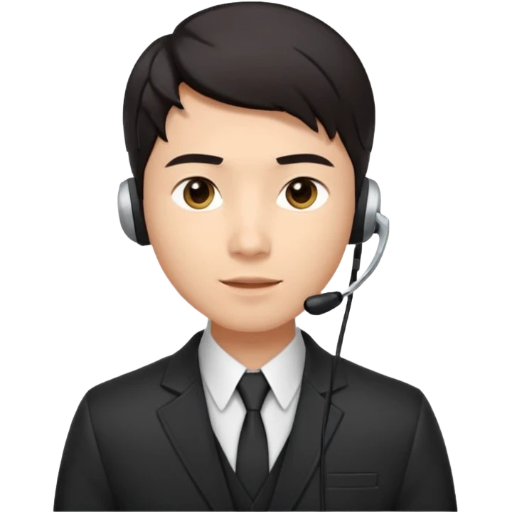 A young Asian man with smooth light skin, dark hair that swoops upward in the front, expressive eyes, a clean-shaven face, and a call-center style headset over one ear, usually paired with a crisp shirt and suit jacket visible from the chest up. emoji