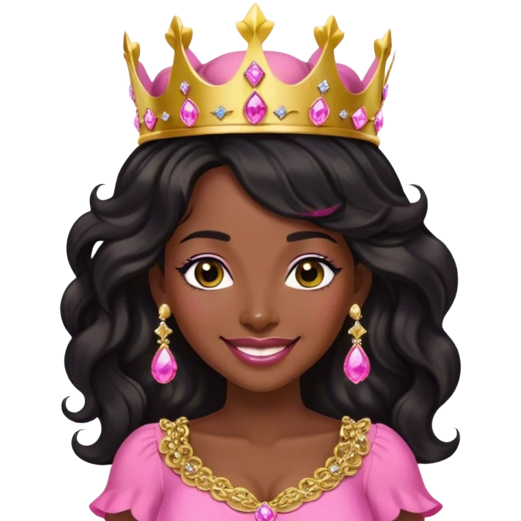 Crown dark black women smiling with really longer lightly WAVY hair pink dress pink crown facing forward black hair middle age adult woman gold gems in crown gold earrings  one woman smiling wink head only emoji
